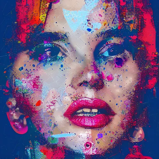 Image similar to a portrait of a young beauty constructed from collage, stickers, drop shadow, layered composition, layers, texture, mcu, highly textured, layered, sculpted, dynamic, splatter, splash, acrylic, mixed media