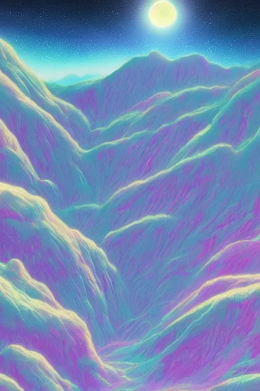 Image similar to digital matte fantasy dreamy mountain scape pastels snow milky way futuristic moonlight, artstation, behance, 8 k by alex grey