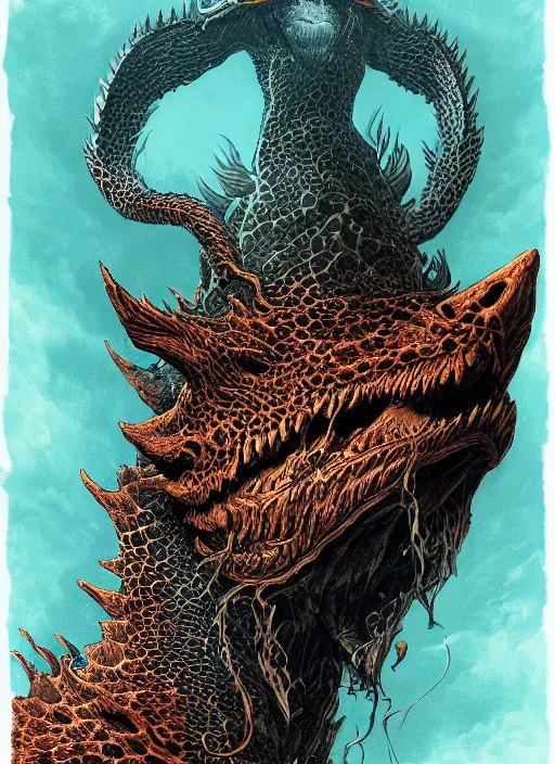 Image similar to a photographic portrait of a dragon by gustave dore and raphael lacoste and dan mumford, trending on artstation, a leopard!! - like sea beast, a two - horned earth beast, natural earth tone colors, cerulean blue, cyan, red, octanerender