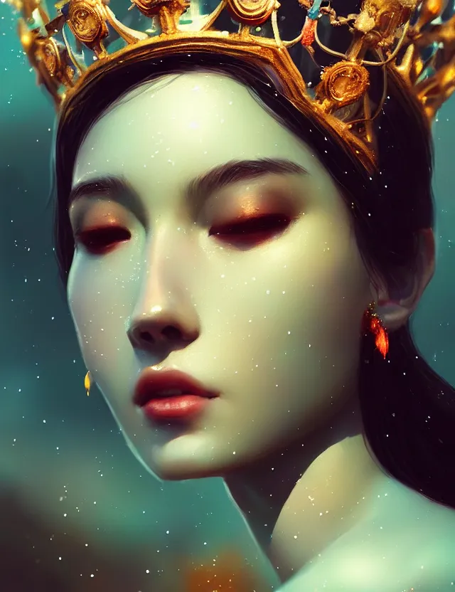 Prompt: bokeh background. close-up portrait of a goddess in crown, by Tooth Wu and wlop and beeple and greg rutkowski