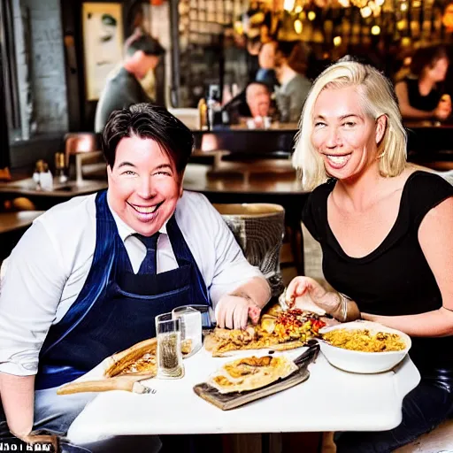 Prompt: portait of michael mcintyre and middle aged blonde woman with short hair and a blonde woman with long hair having dinner at sunday in brooklyn restaurant, photo