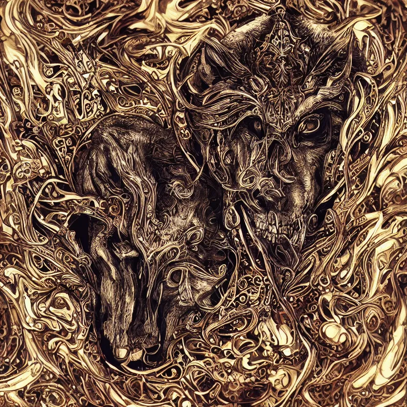 Image similar to photo portrait of skull of wolf, lying on bones, dramatic lighting, circural, golden ornaments, symmetric, intricate skeletal decorations, symmetry, highly detailed, concept art, black, red, white, gold layers, centered, style of nekroxiii, hyperrealistic, dark background, smoke