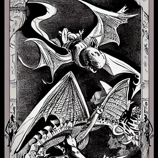 Image similar to precisely drawn illustration o flying wyvern, old-fashioned tarot card, victorian playing card, sepia tone, wide angle, sharp, fine details, French comic style, cyberpunk, intense line art, 8k, precise linework, realistic, shaded lighting by katsuhiro otomo ghost-in-the-shell, magali villeneuve, artgerm, rutkowski Jeremy Lipkin and Giuseppe Dangelico Pino and Michael Garmash and Rob Rey and Moebius