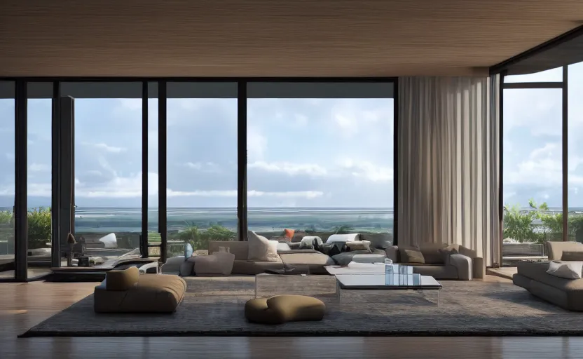 Image similar to a interior photo of a furnished modern house with a large window with view to the sea at sunset, octane render, unreal engine 5, godrays, ray tracing, hyperrealistic, full of luxury furniture, calm, relaxing, complementary colors, warm lighting, clouds in the sky, concept art, 4k, high quality, highly detailed, trending on DeviantArt, beautiful