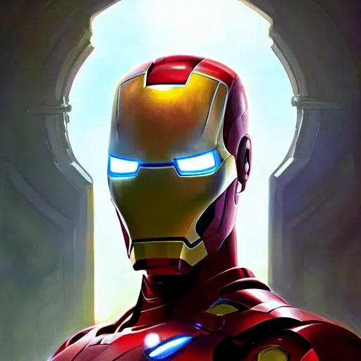 Image similar to highly detailed portrait of iron man, stephen bliss, unreal engine, fantasy art by greg rutkowski, loish, rhads, ferdinand knab, makoto shinkai and lois van baarle, ilya kuvshinov, rossdraws, tom bagshaw, global illumination, radiant light, detailed and intricate environment