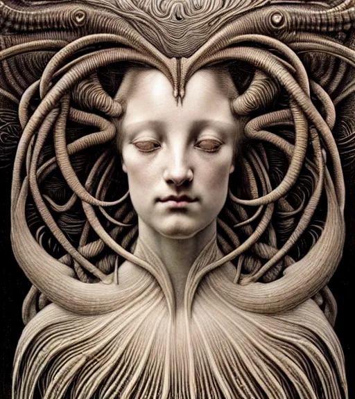 Prompt: detailed realistic beautiful horn goddess face portrait by jean delville, gustave dore, iris van herpen and marco mazzoni, art forms of nature by ernst haeckel, art nouveau, symbolist, visionary, gothic, neo - gothic, pre - raphaelite, fractal lace, intricate alien botanicals, biodiversity, surreality, hyperdetailed ultrasharp octane render