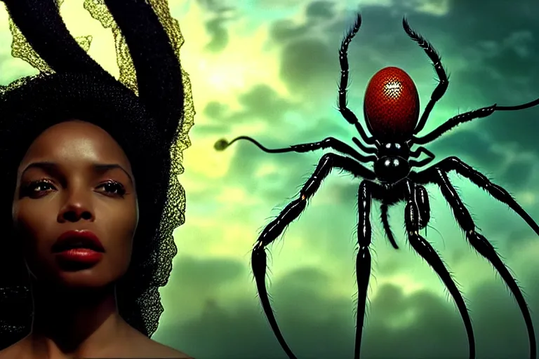 Image similar to realistic detailed photorealistic closeup portrait movie shot of a beautiful black woman with a giant spider, sci fi city landscape background by denis villeneuve, amano, yves tanguy, alphonse mucha, ernst haeckel, david lynch, edward robert hughes, roger dean, cyber necklace, dynamic pose, rich moody colours, wide angle