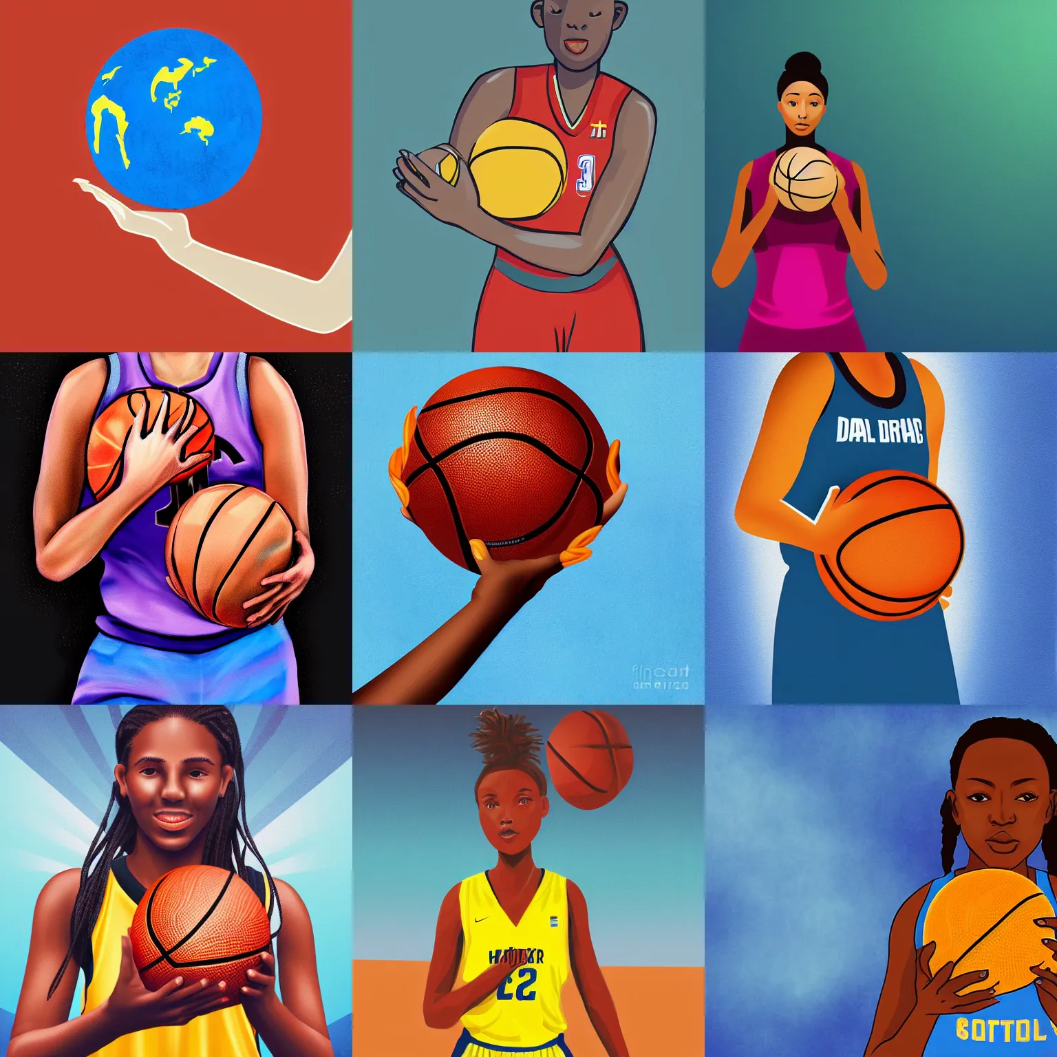 Prompt: A basketball player holding a ball Earth in her hand, digital art