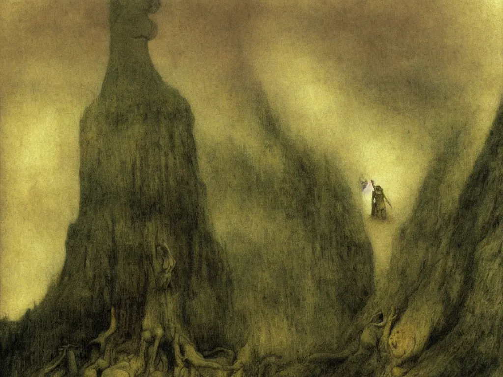 Image similar to Giant Balinese sculpted god in a ravine, fog, melancholy, noise, surreal canopy, Harsh, golden light, thunderstorm. Painting by Alfred Kubin, Caspar David Friedrich