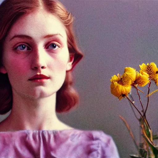 Image similar to a lot of flowers morphing in a beautiful girls face, film still by wes anderson, depicted by balthus, limited color palette, very intricate, art nouveau, highly detailed, lights by hopper, soft pastel colors, minimalist