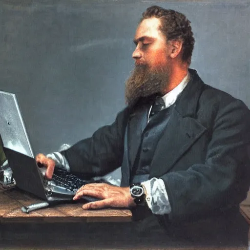 Prompt: a man on a motorcycle programming on a laptop computer. in style of ilya repin