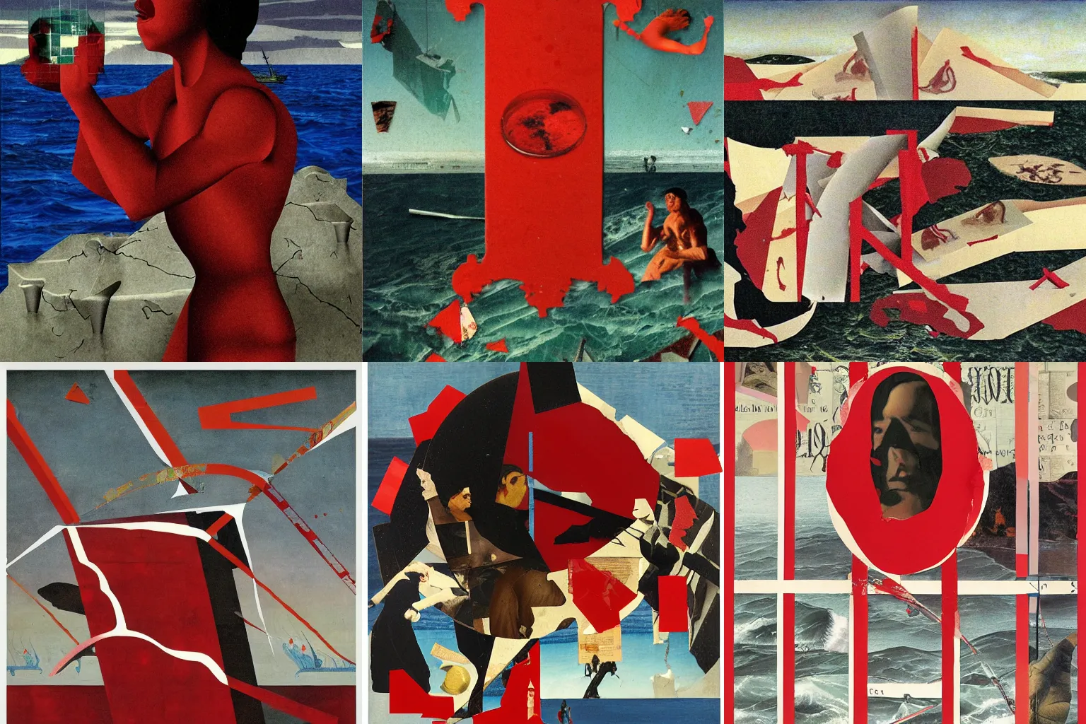 Prompt: the blood flows to the sea, constructivist collage by diego velazquez