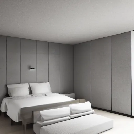 Image similar to symmetry, parallax mapping of brutalist bedroom, minimalist architecture, minimalist furniture, octane render, high quality