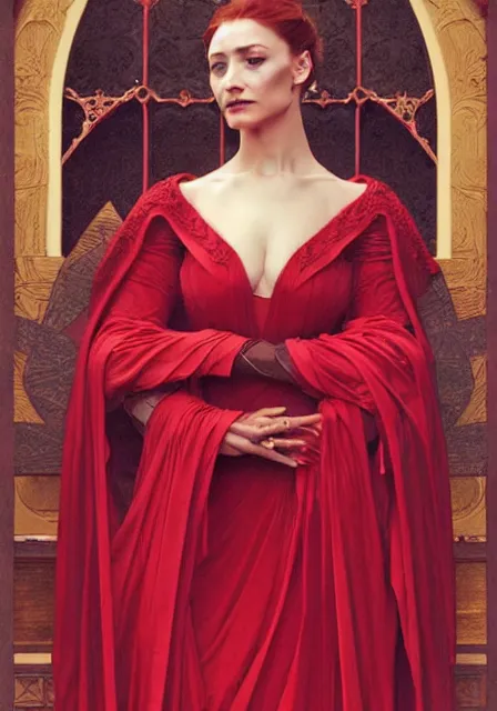 Prompt: sansa stark in red, intricate, elegant, highly detailed, digital painting, artstation, concept art, smooth, sharp focus, illustration, art by artgerm and greg rutkowski and alphonse mucha and william - adolphe bouguereau