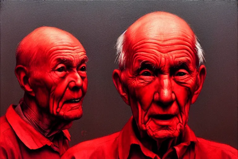 Image similar to only with red, a red old man try to sell a portrait, in a square, crowd cheering, in the style of beksinski, parts by edward hopper, parts by rodcenko, parts by yue minjun, intricate and epic composition, red by caravaggio, insanely quality, highly detailed, masterpiece, red light, artstation, 4 k