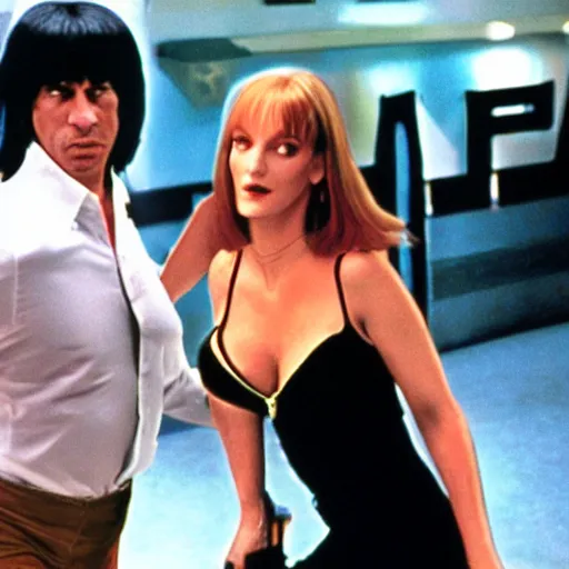 Prompt: uma thurman and john travolta in dance dance revolution, pulp fiction edition, playstation 2 video game