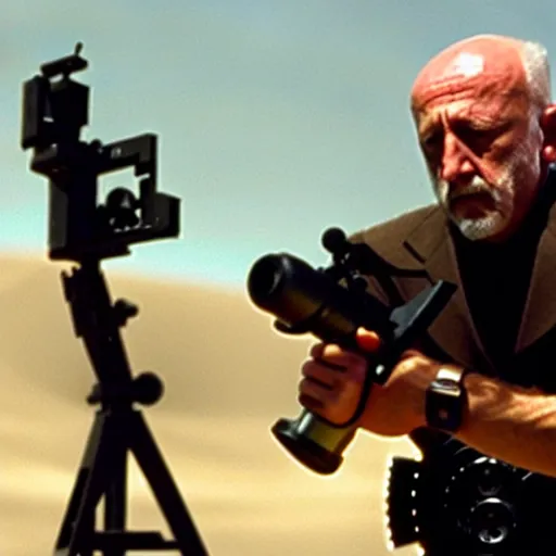 Image similar to Film Still of Mike Ehrmantraut aiming a mounted machine gun, 8k, highly detailed, centered