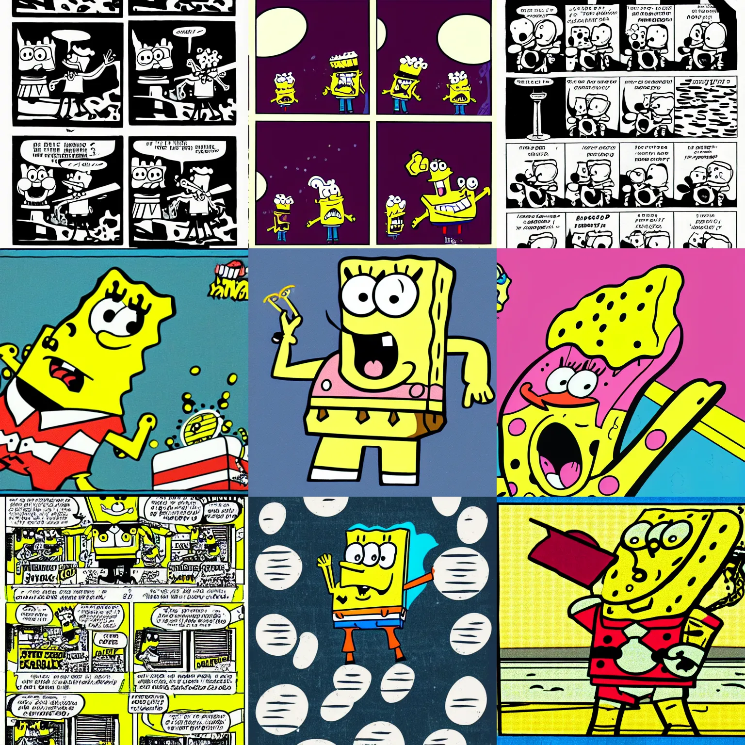 Prompt: a vintage comic about spongebob utilizing the Ben Day dots technique, minimalist colors and design, high resolution