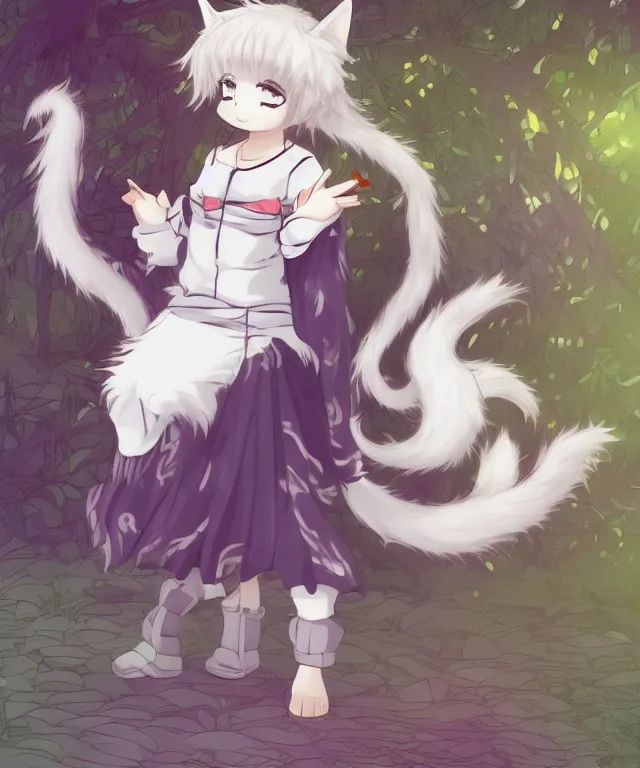 Prompt: full body cute adorable young anime kitsune with white curly hair, style of neytrix