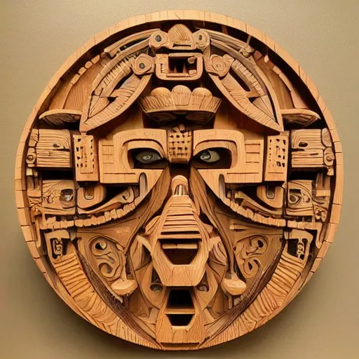 Prompt: intricate abstract wooden sculpture of a mix of alien, cubist, futuristic mayan design influences
