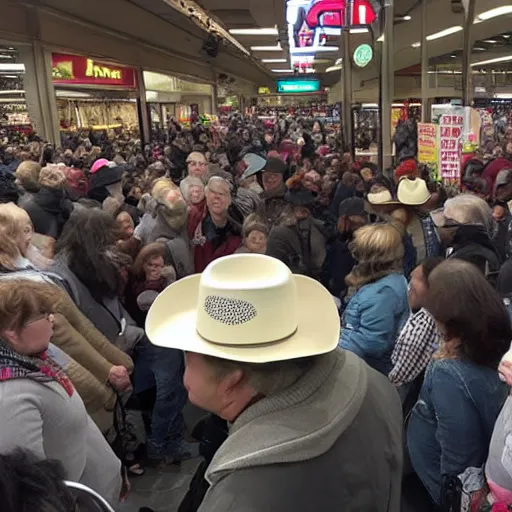 Image similar to local news roadside interview, an 8 foot tall prairie dog human cryptid creature wearing a white cowboy hat standing in the middle of a huge crowd inside a black friday sale in a busy store