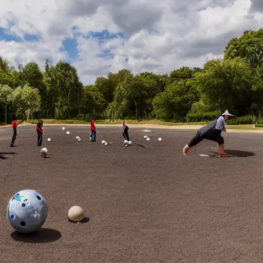 Image similar to a professional photograph of crocodiles playing petanque, wide angle, 4 k