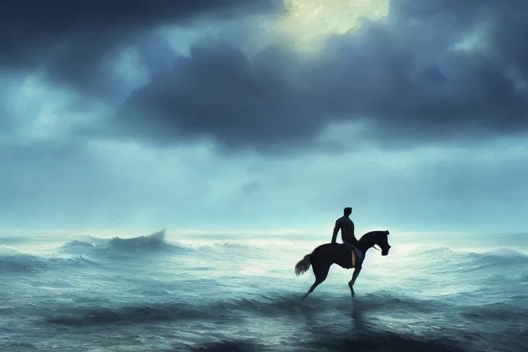 Image similar to photo of man riding a horse along the beach, glowing underwater waves toward a lighthouse in the distance guiding his way, silhouette, wide horizon, large white clouds, seagulls, night, intricate, elegant, highly detailed, digital painting, artstation, concept art, smooth, sharp focus, illustration, art by artgerm and greg rutkowski and fra angelico