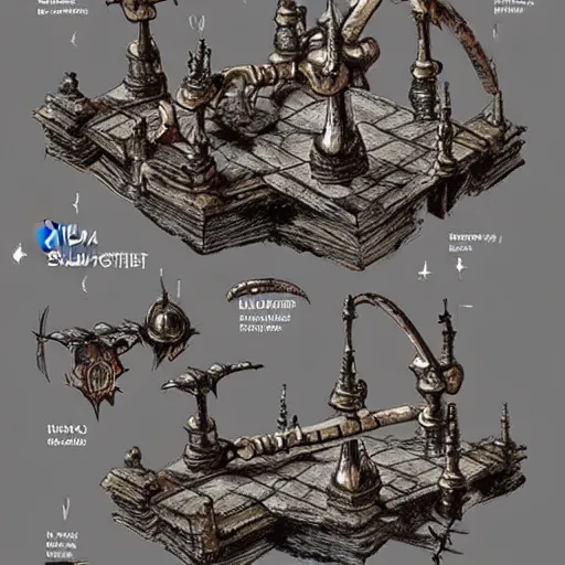 Prompt: a new Bloodborne trick weapon called “Bellista”, it is a mix of a bell and a mounted ballista. Concept art, diagram, design, schematics, videogame, 2016, amazing, wow