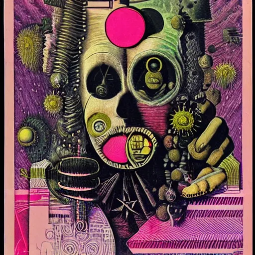 Image similar to abstract post - punk new age album cover, asymmetrical design, dollar bank notes, capitalism, magic, apocalypse, psychedelic, black white pink, highly detailed, magic, giger h. r., abstract giuseppe arcimboldo