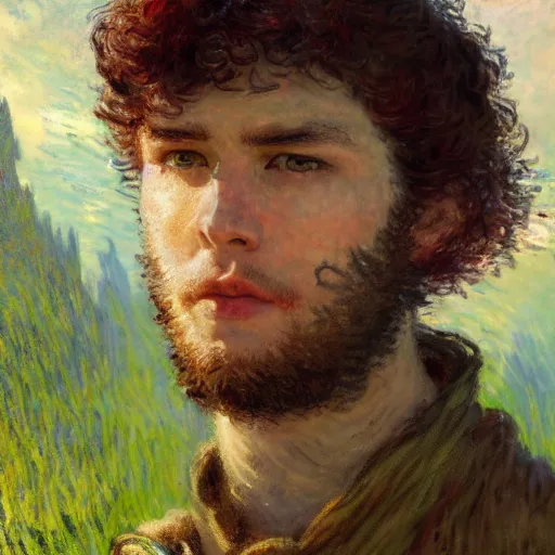 Prompt: masterpiece closeup portrait of a young man with short red hair and green eyes, wearing adventuring gear, by Greg Rutkowski, Claude Monet, 4k, masterpiece, matte painting, dungeons and dragons, detailed
