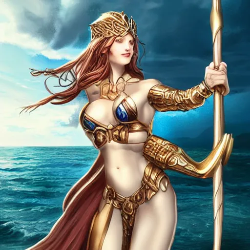 Image similar to fantasy woman with armor emerging from the sea holding a staff made with mother-of-pearl, by Artgerm