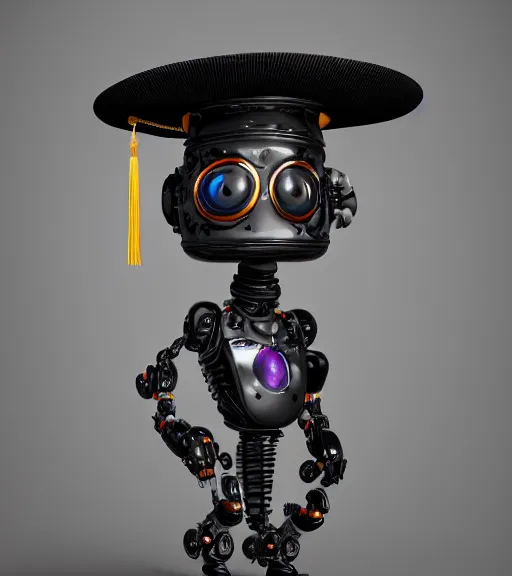 Image similar to a portrait of a extremely intricately detailed beautiful robot wearing on its head a highly detailed perfect render black graduation hat, realism. concept art. unreal engine 5, f / 1. 8, v - ray, ultra hd, 8 k, graduation photo, atmospheric beautiful background and beautiful lighting. hyper realism.