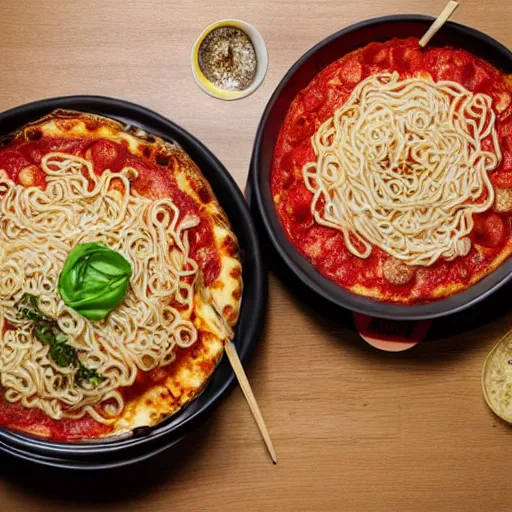 Prompt: pizza hut branded ramen with pizza toppings. photography. food photoshoot. advertisment photography. 4 k. realistic.