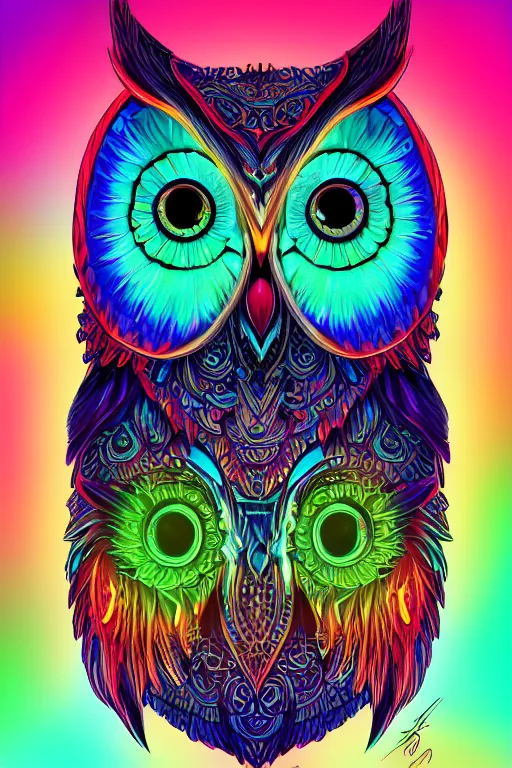 Prompt: glowing owl, beautiful colours, highly detailed, digital art, sharp focus, trending on art station