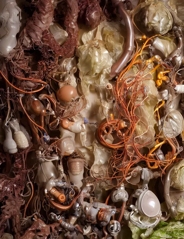Image similar to a well - lit studio photograph of various earth - toned plastic translucent artificial hearts and organs, some wrinkled resembling reddish brown plastic cabbage, some long, various sizes, textures, and transparencies, beautiful, smooth, layered detailed, intricate art nouveau internal anatomy model, encased in clear plastic