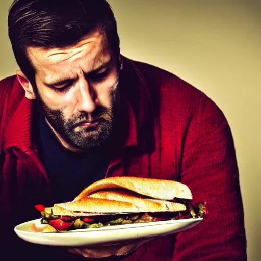 Image similar to a man eating the last sandwhich while looking sad, realistic photo,