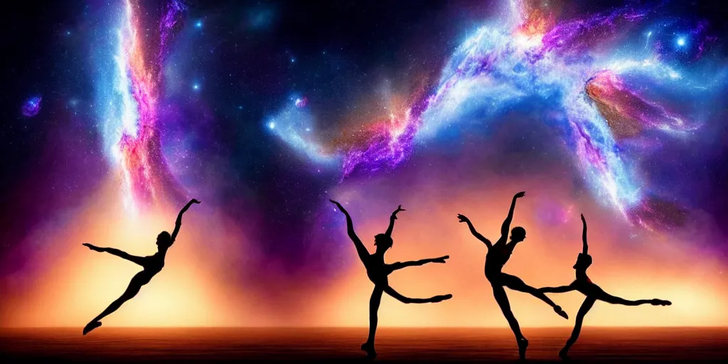 Prompt: epic FX shot of etheral celestial ballet dancers on the milky way, dynamic shot, a sense of mouvement, cinematic angle and lighting, dust particles, volumetric lighting, breathtaking, beautiful composition, intricate, elegant, digital art, detailed, hyperrealistic, sharp focus,