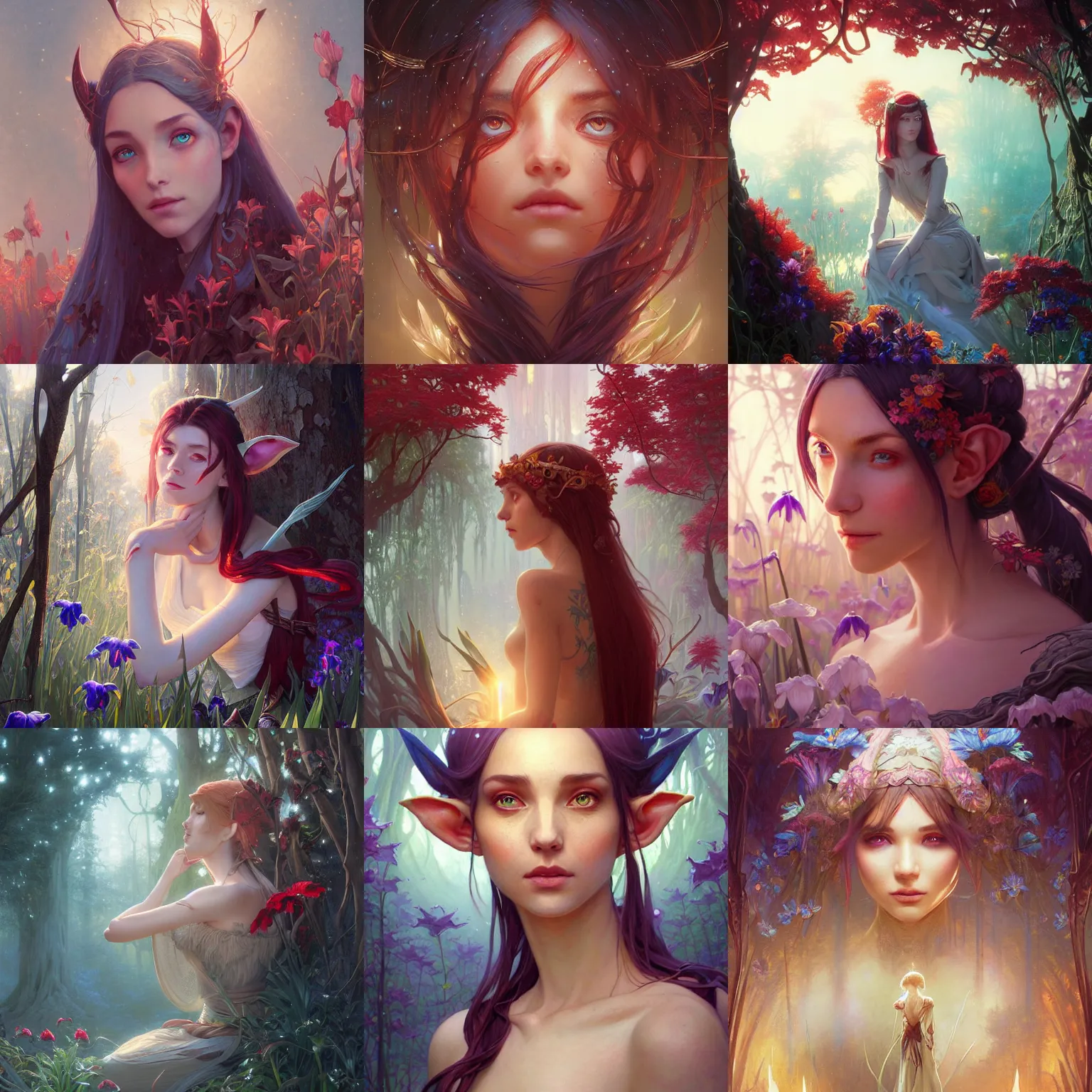 Prompt: highly detailed painting of a beautiful elf with red irises, unreal engine, fantasy art by greg rutkowski, loish, rhads, ferdinand knab, makoto shinkai and lois van baarle, ilya kuvshinov, rossdraws, tom bagshaw, alphonse mucha, global illumination, radiant light, detailed and intricate environment