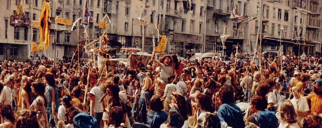 Image similar to hippies protesting spaghetti, 1 9 6 0's, high detail, canon 5 0 mm, wes anderson film, kodachrome