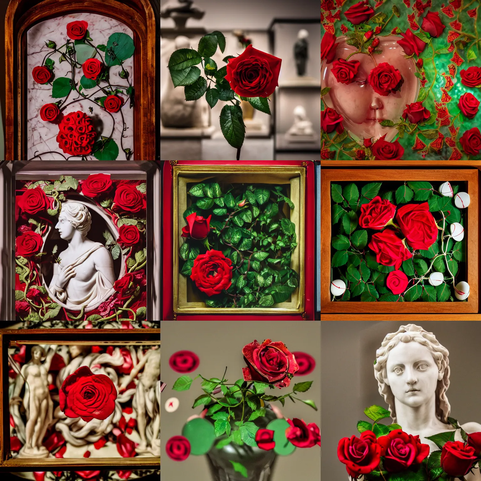 Prompt: a cinematic photo of a marble statue of a rose with vines, red and green flowers and two red playing cards behind it, in the style of michelangelo, inside of a glass display at a museum, shallow depth of field