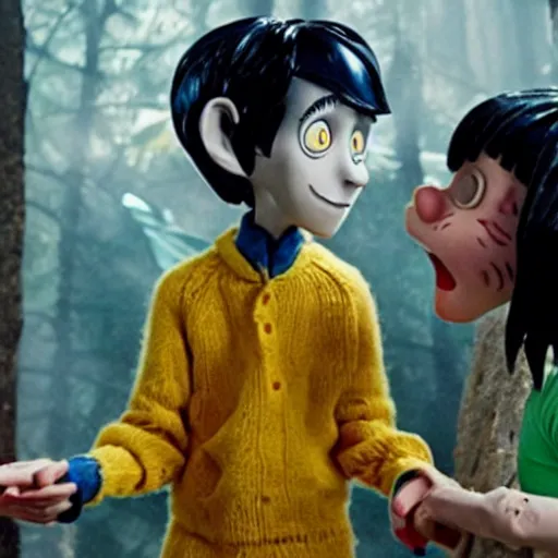 Image similar to a still of from the movie coraline crossover with the movie predator