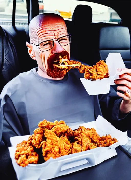 Image similar to cellphone pov photo of walter white eating fried chicken in his car, mukbang, dripping juices, biting teeth