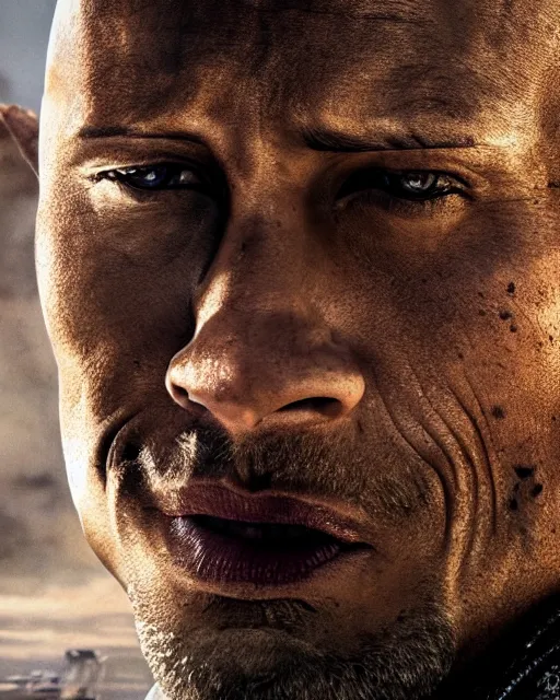 Image similar to film still close up shot of dwayne johnson as max rockatansky in the movie mad max. photographic, photography