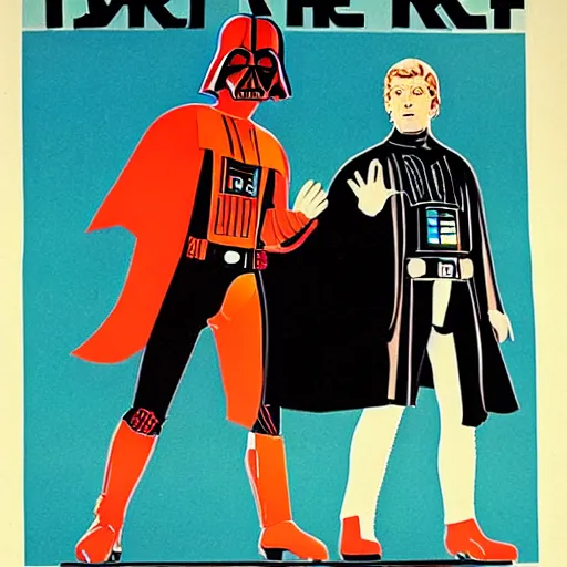 Image similar to darth vader and luke skywalker on roller skates, soviet propaganda poster