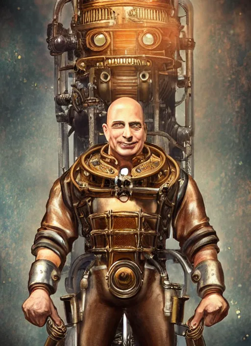 Prompt: steampunk bioshock jeff bezos is a muscular bodybuilder, au naturel, hyper detailed, digital art, trending in artstation, cinematic lighting, studio quality, smooth render, unreal engine 5 rendered, octane rendered, art style by klimt and nixeu and ian sprigger and wlop and krenz cushart.