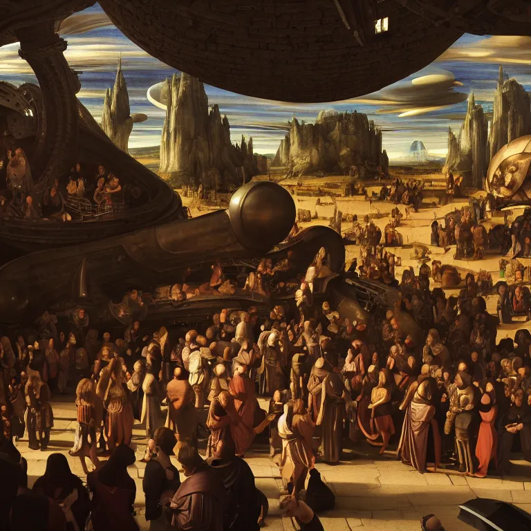 Prompt: crowd of medieval people surrounding crashed UFO ribbed spaceship, dream-like atmosphere, baroque landscape painting, perfect portrait composition, beautiful detailed intricate insanely detailed octane render trending on Artstation, 8K artistic photography, photorealistic, soft natural volumetric cinematic perfect light, chiaroscuro, award-winning photograph, masterpiece, Raphael, Caravaggio, Greg Rutkowski, Beeple