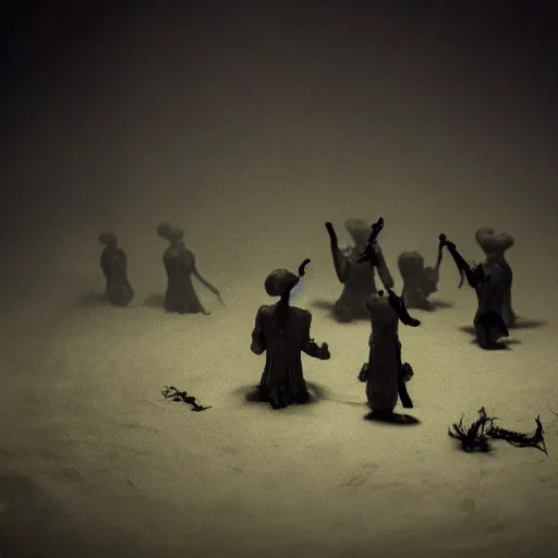 Image similar to the biological war, surrealistic detailed claymation art, dark, moody, foggy