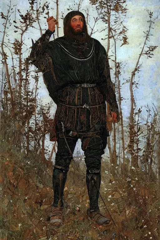 Image similar to Heroic medieval man in black adidas jacket armor, full body, beautiful russian nature, painting by vasnetsov