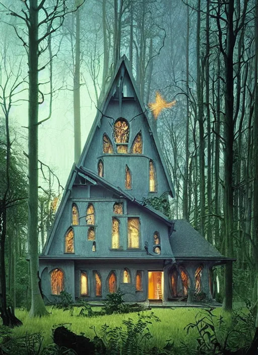 Prompt: hyper realistic witchy modern gothic house with mood lighting and tech in the woods gorgeous lighting, sunbeams blue sky, highly detailed, lush forest foliage painting by zdzisław beksinski and norman rockwell and greg rutkowski weta studio, and lucasfilm