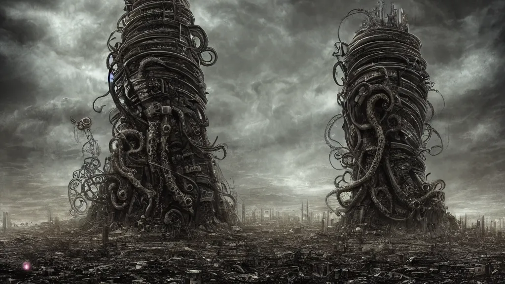 Image similar to A tower with an Eyeball at the top, BioMechanical like Giger, with tentacles coming out, looking over a stormy post-apocalyptic wasteland, dystopian art, wide lens